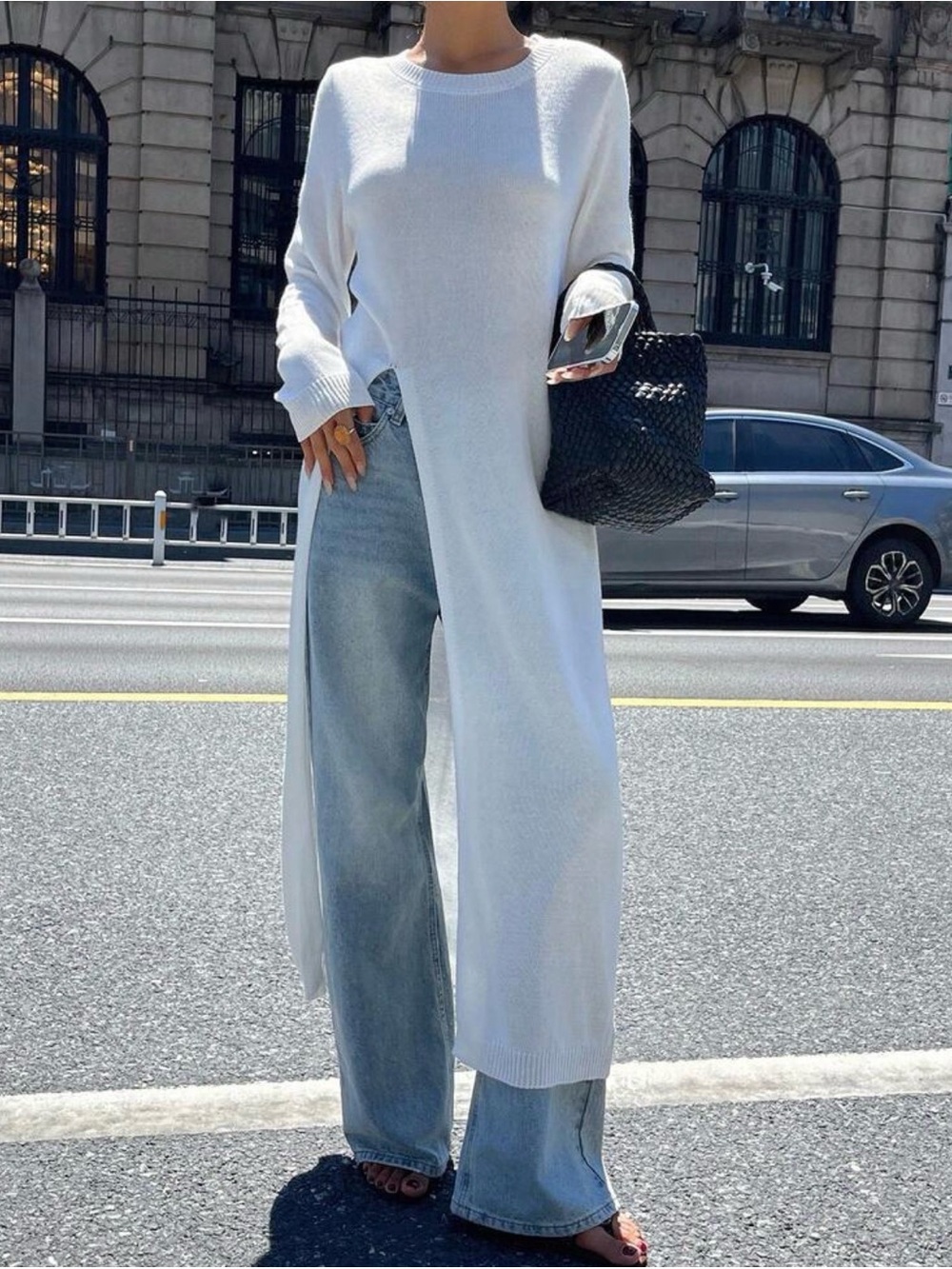 Long White Side-Slit Knit Sweater